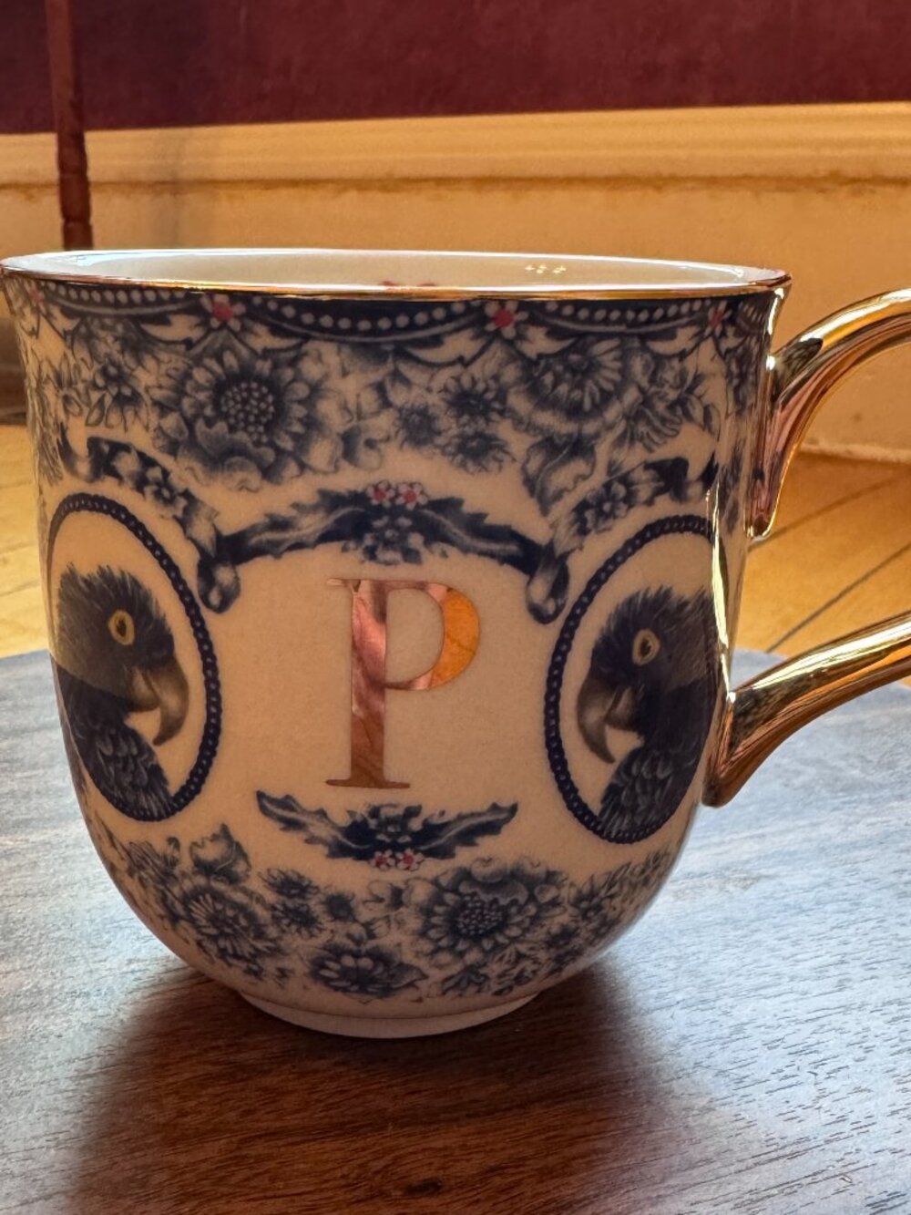 Lou Rota x Anthropologies "P" Monogram Mug Blue Gold Parrot New Without Tags